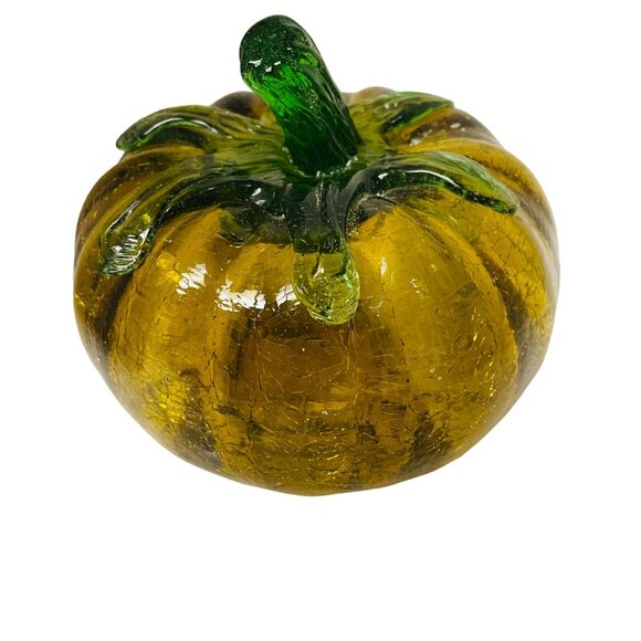 Hand-Blown Glass Pumpkin Decor Green & Amber 5" Tall - Picture 2 of 5
